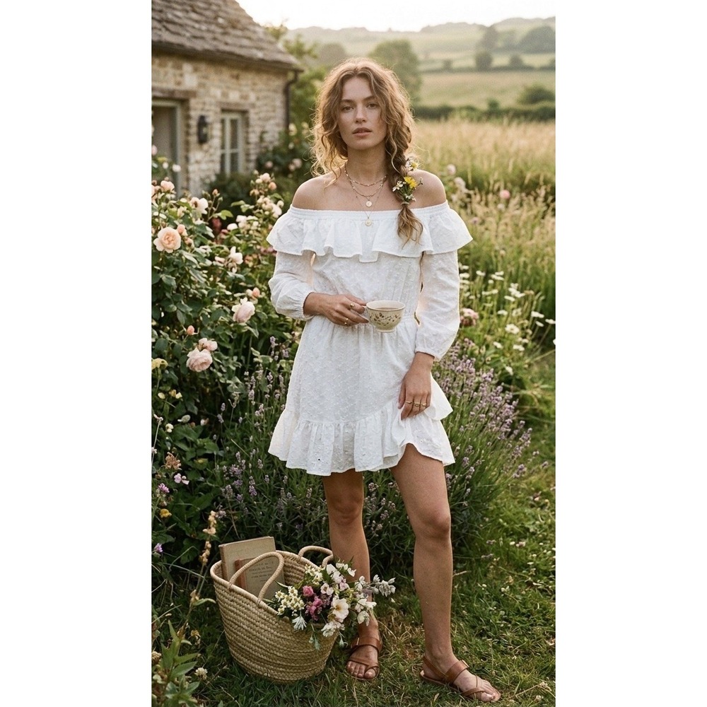 Michael Kors White Eyelet Cotton Dress Small Off The Shoulder Ruffle Cottagecore